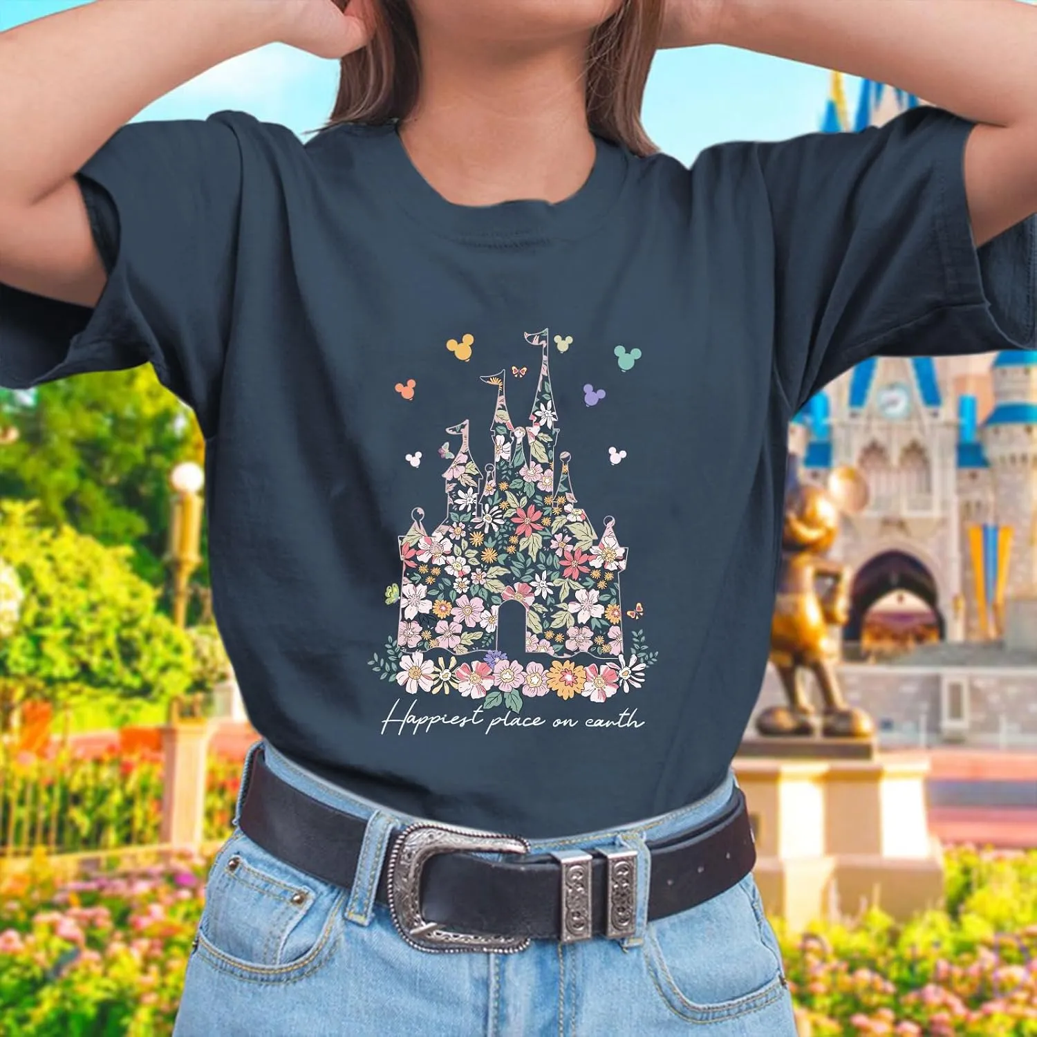 Bobeutou Magic Kingdom Shirts for Women Floral Castle Graphic T Shirt Flower Holiday Vacation Shirt Funny Cute Tee Tops