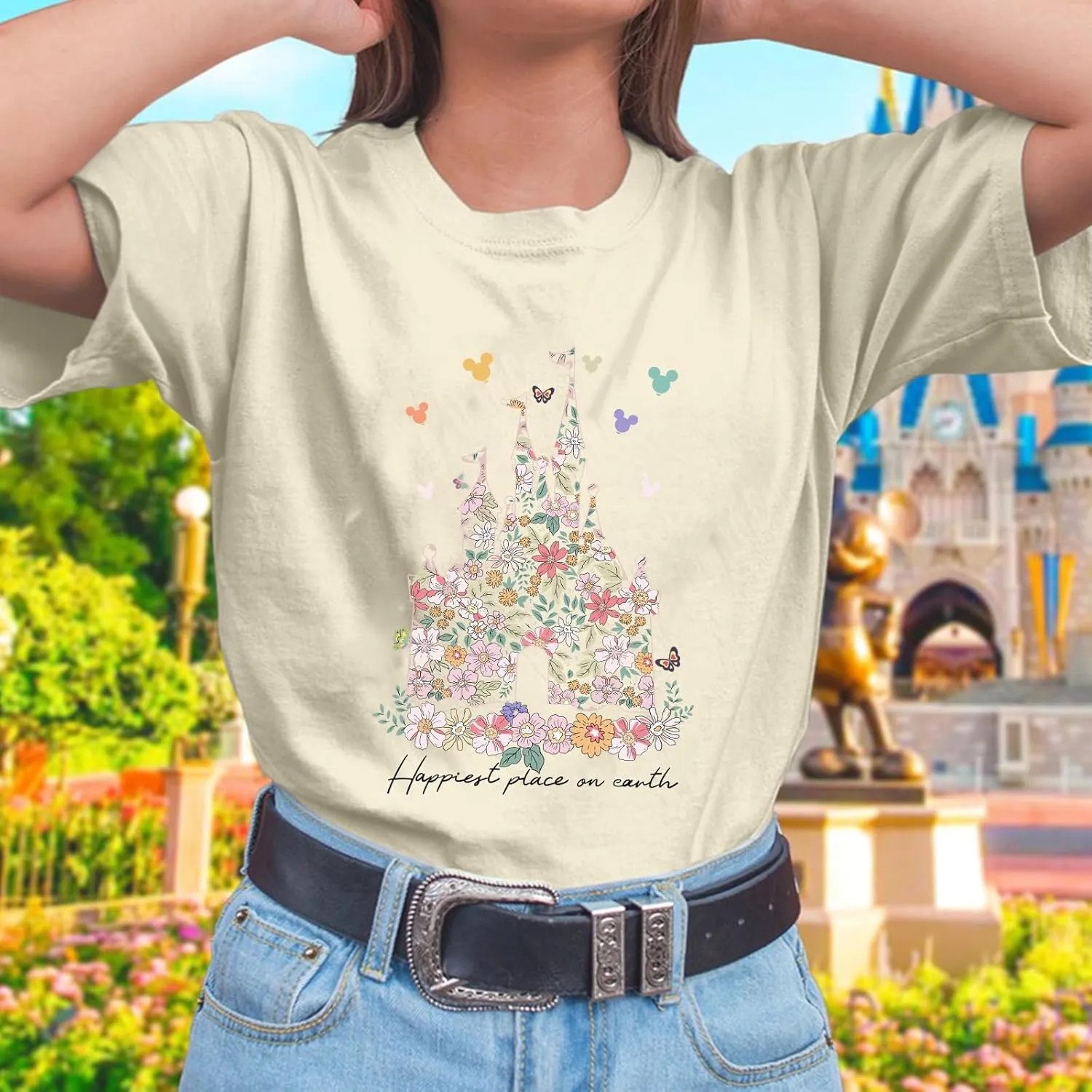 Bobeutou Magic Kingdom Shirts for Women Floral Castle Graphic T Shirt Flower Holiday Vacation Shirt Funny Cute Tee Tops