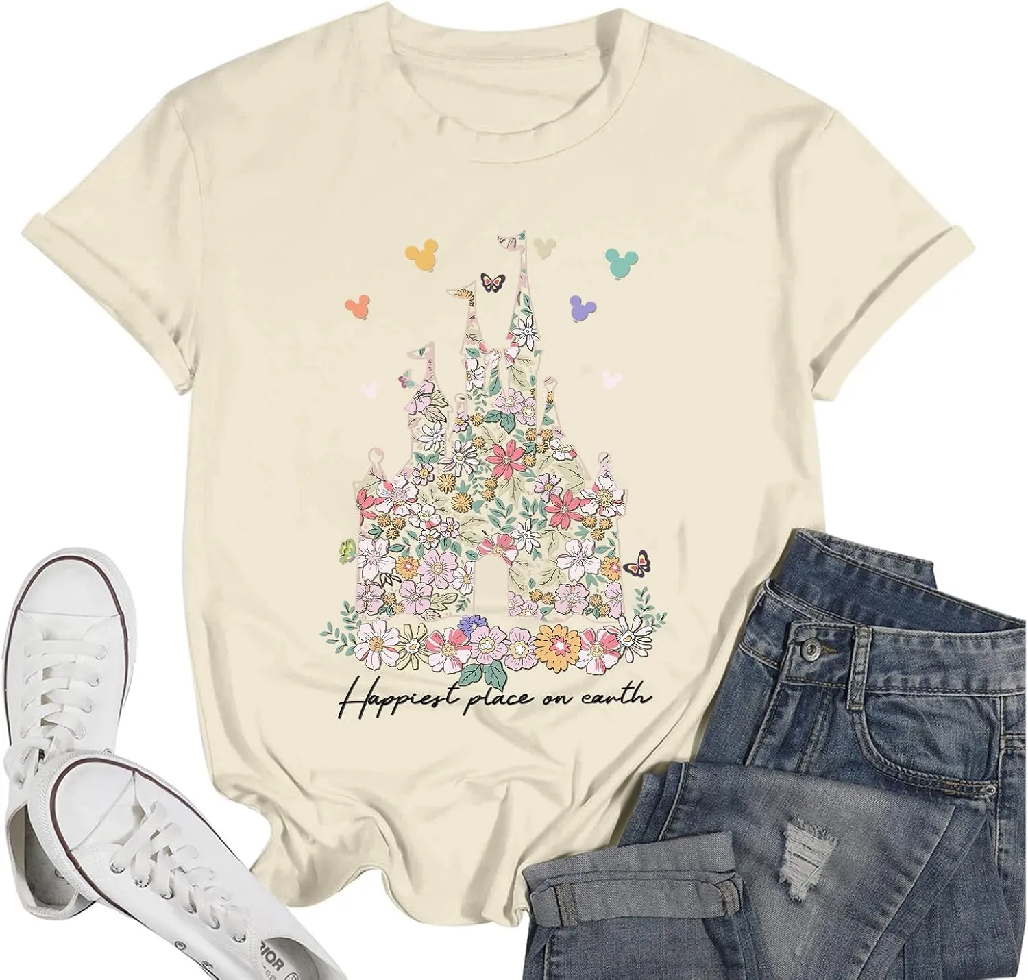 Bobeutou Magic Kingdom Shirts for Women Floral Castle Graphic T Shirt Flower Holiday Vacation Shirt Funny Cute Tee Tops