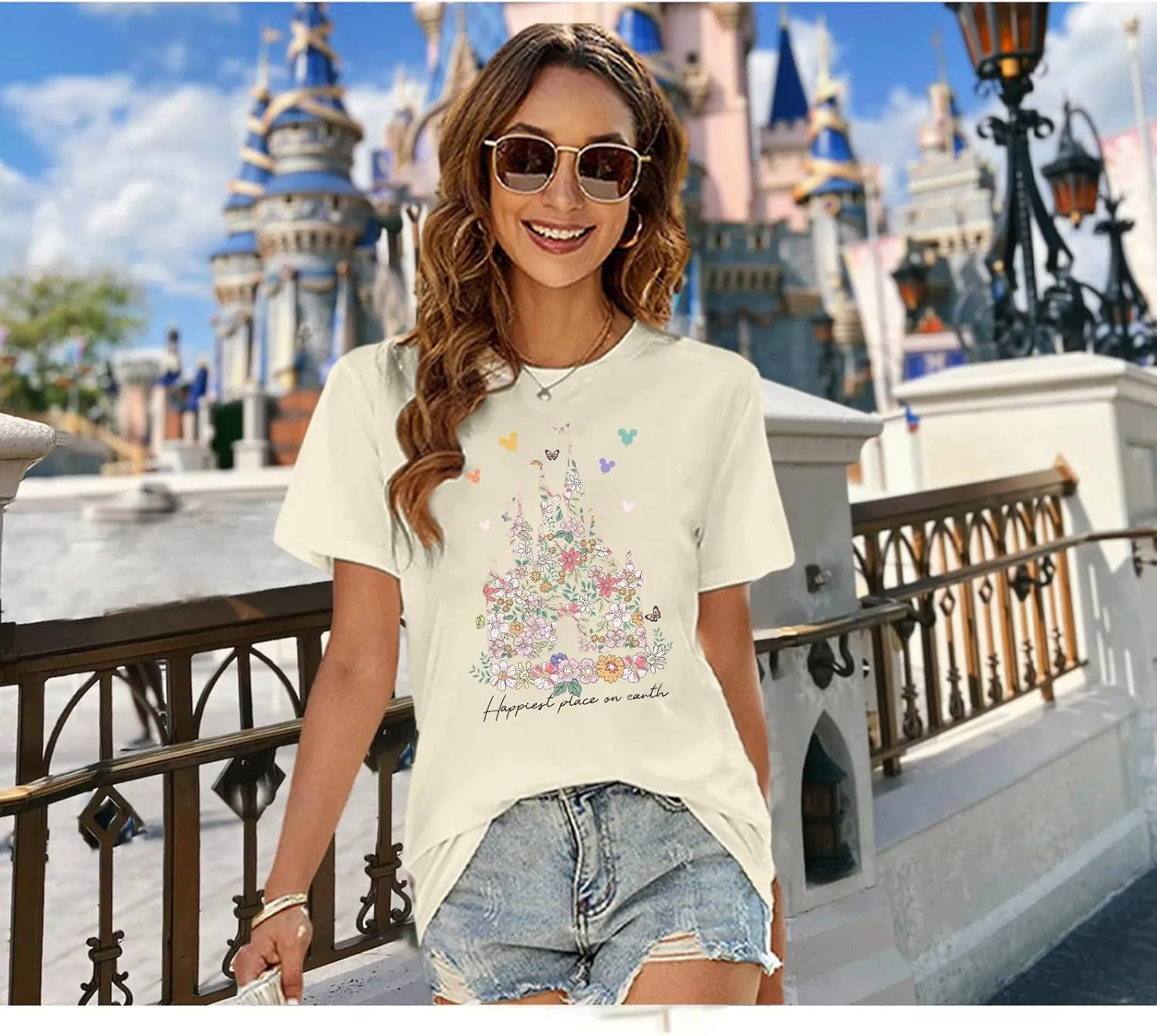 Bobeutou Magic Kingdom Shirts for Women Floral Castle Graphic T Shirt Flower Holiday Vacation Shirt Funny Cute Tee Tops