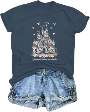 Bobeutou Magic Kingdom Shirts for Women Floral Castle Graphic T Shirt Flower Holiday Vacation Shirt Funny Cute Tee Tops