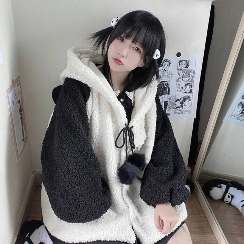 Bonnyshow Women Winter Faux Fleece Hoodies Jacket Harajuku Kawaii Cartoon Panda Ears Long Sleeve Sweatshirt Oversized Button Down Plush