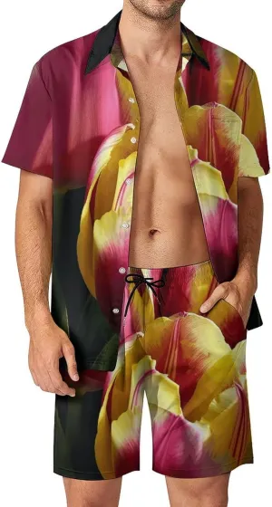 Bright Flowers Mens Swimsuit 2 Pieces Set Quick Dry Shorts Shirts Summer Button Down Short Sleeve Set