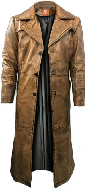 Brown Trench Coat, Distressed Leather, Vintage Style, Below Knee Long Coat, Original Lambskin Leather