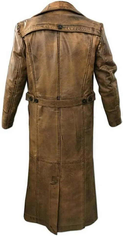 Brown Trench Coat, Distressed Leather, Vintage Style, Below Knee Long Coat, Original Lambskin Leather