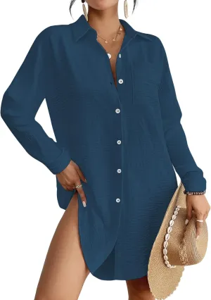 Bsubseach Swimsuit Coverup for Women Button Down Beach Cover Ups Long Sleeve Shirt Dress Modern Blouse Top