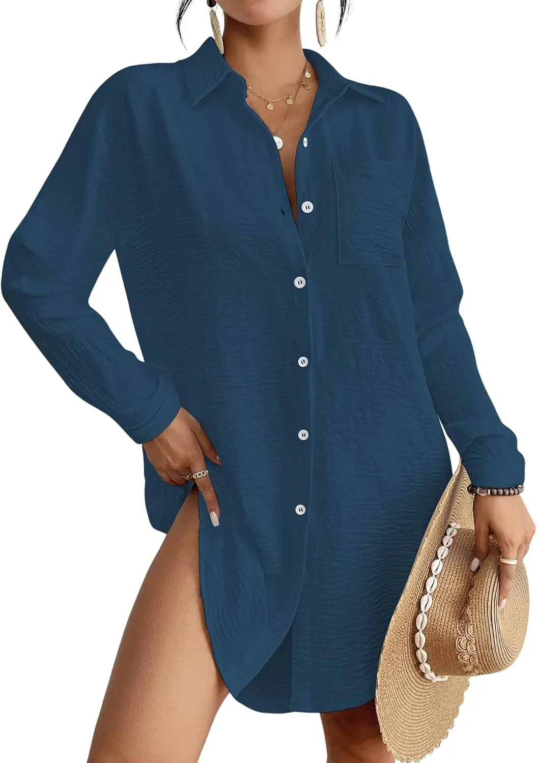 Bsubseach Swimsuit Coverup for Women Button Down Beach Cover Ups Long Sleeve Shirt Dress Modern Blouse Top