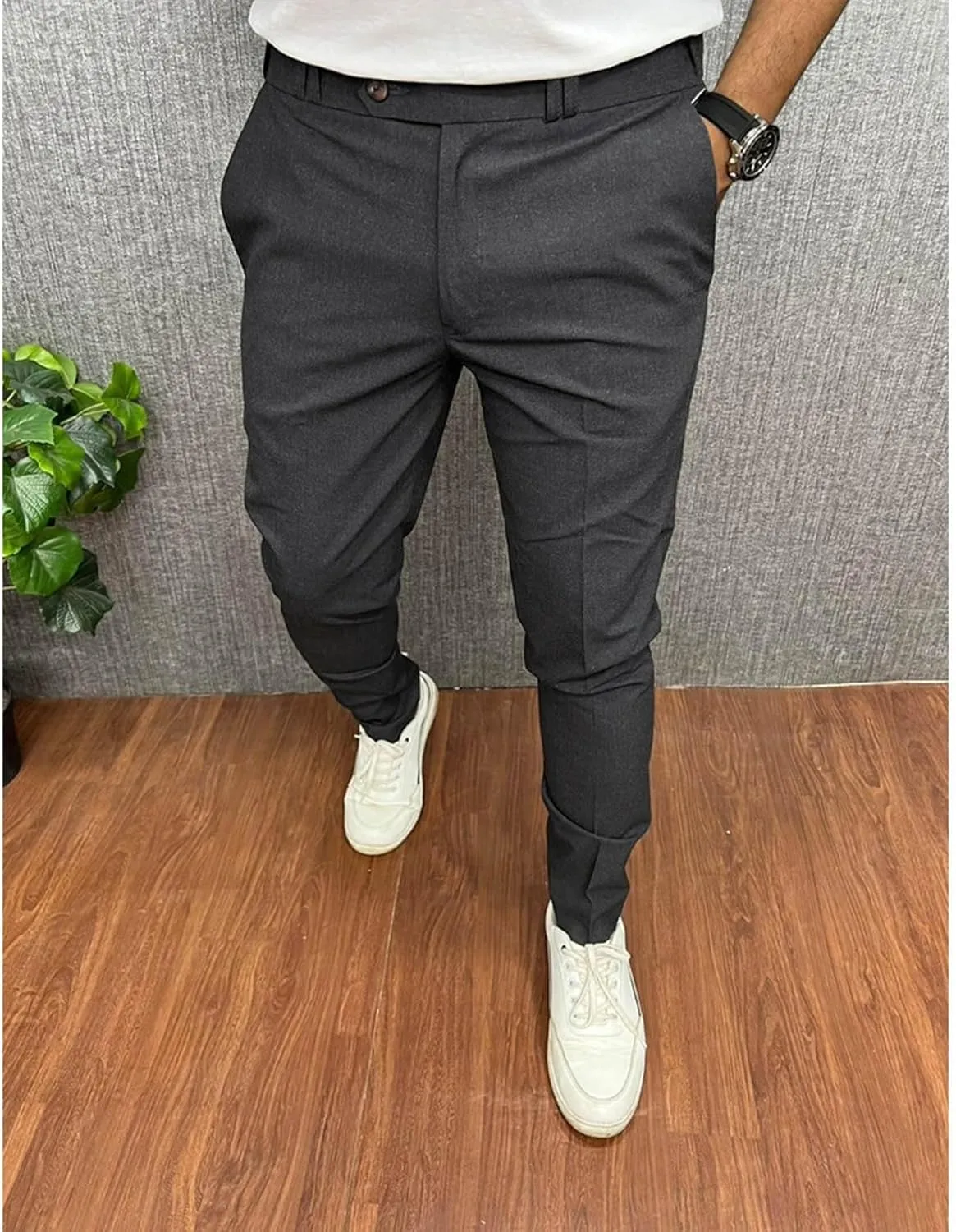Business Dress Work Slim Fit Pants for Men Casual Button Zipper Classic Suit Pant Cotton Thin Quick Dry Trousers
