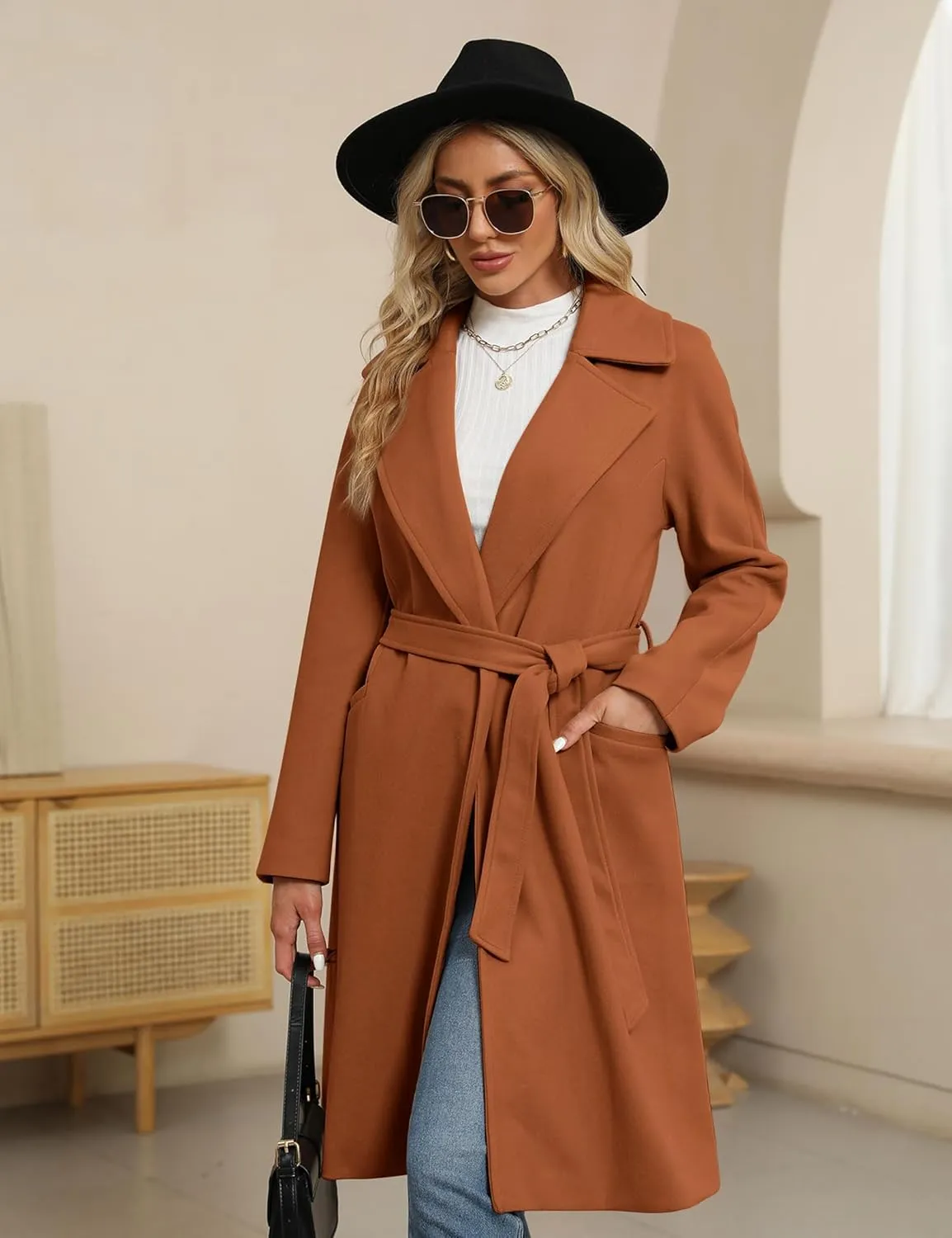BZB Women's Long Wool Blend Pea Coat Winter Casual Overcoat Notched Lapel Collar Trench Coat Belted Long Jacket Outerwear