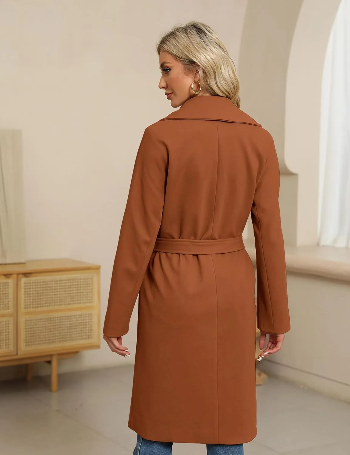 BZB Women's Long Wool Blend Pea Coat Winter Casual Overcoat Notched Lapel Collar Trench Coat Belted Long Jacket Outerwear