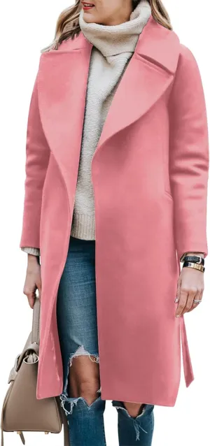 BZB Women's Long Wool Blend Pea Coat Winter Casual Overcoat Notched Lapel Collar Trench Coat Belted Long Jacket Outerwear