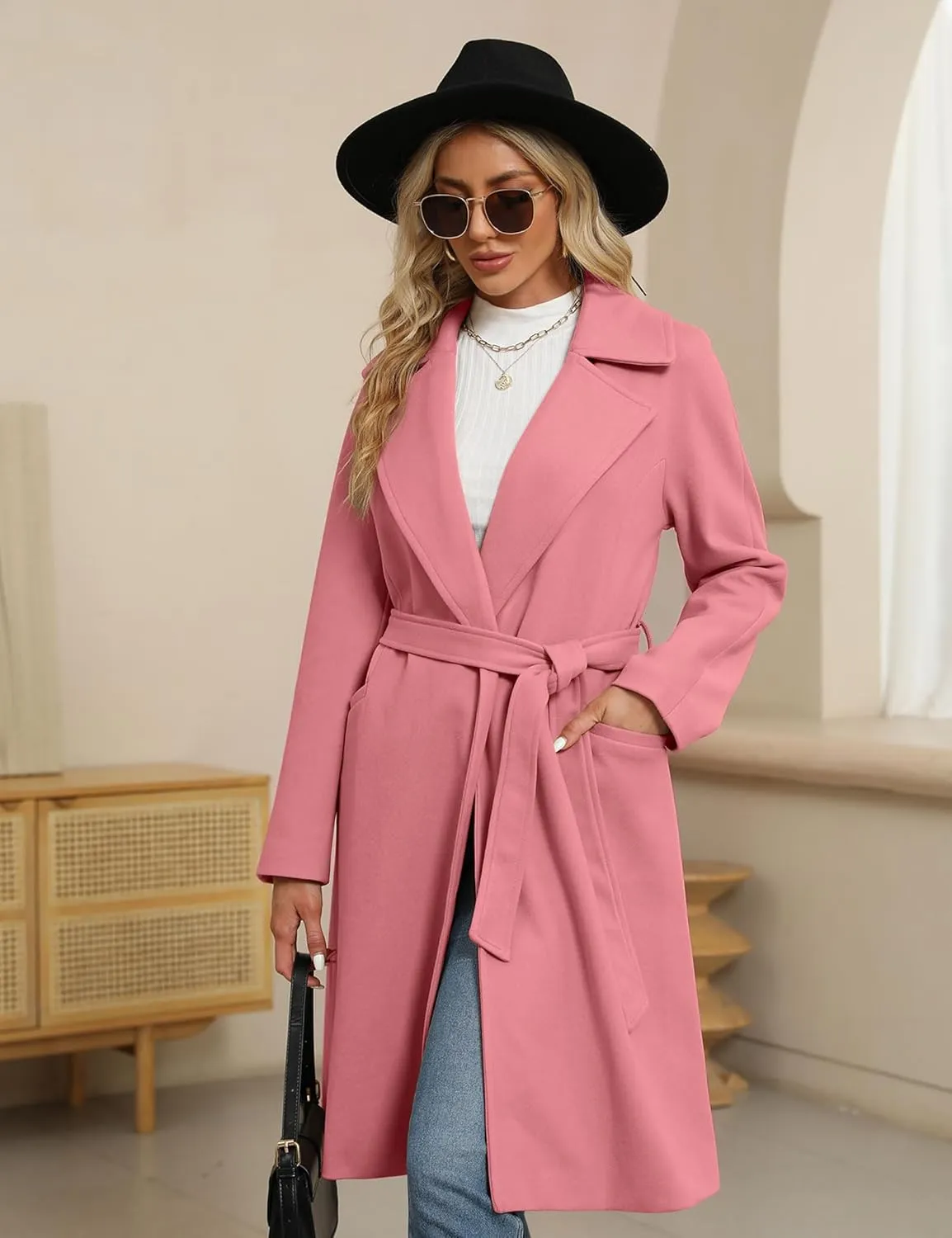 BZB Women's Long Wool Blend Pea Coat Winter Casual Overcoat Notched Lapel Collar Trench Coat Belted Long Jacket Outerwear