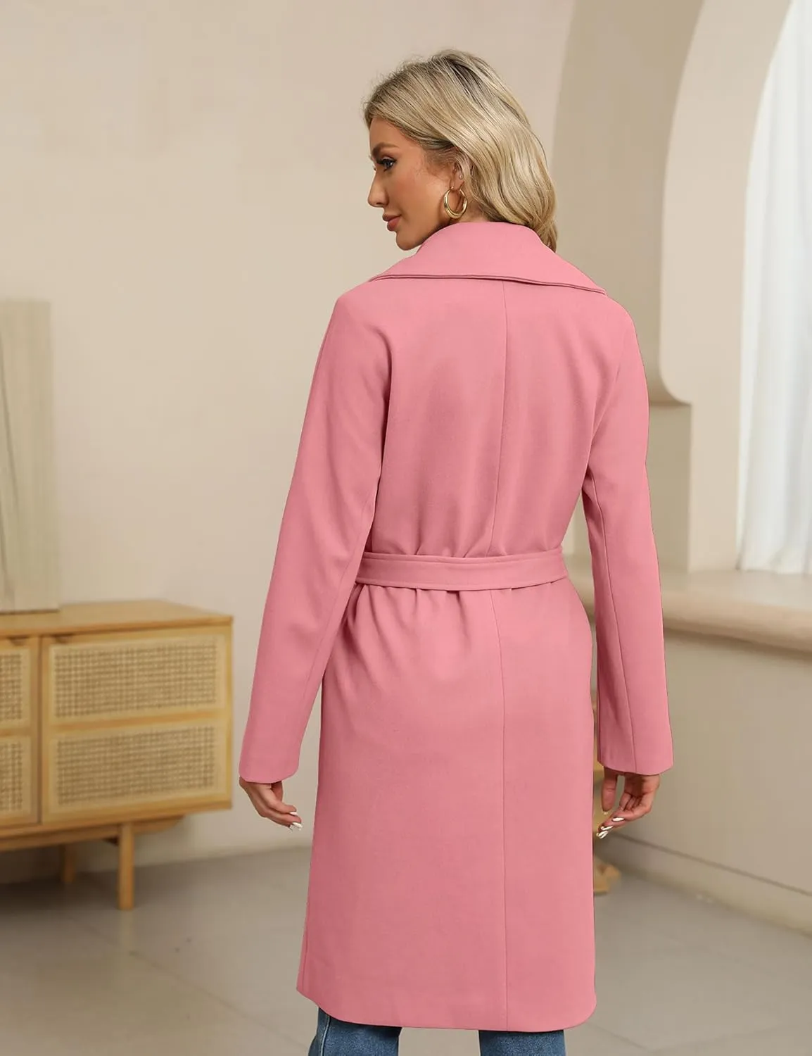 BZB Women's Long Wool Blend Pea Coat Winter Casual Overcoat Notched Lapel Collar Trench Coat Belted Long Jacket Outerwear