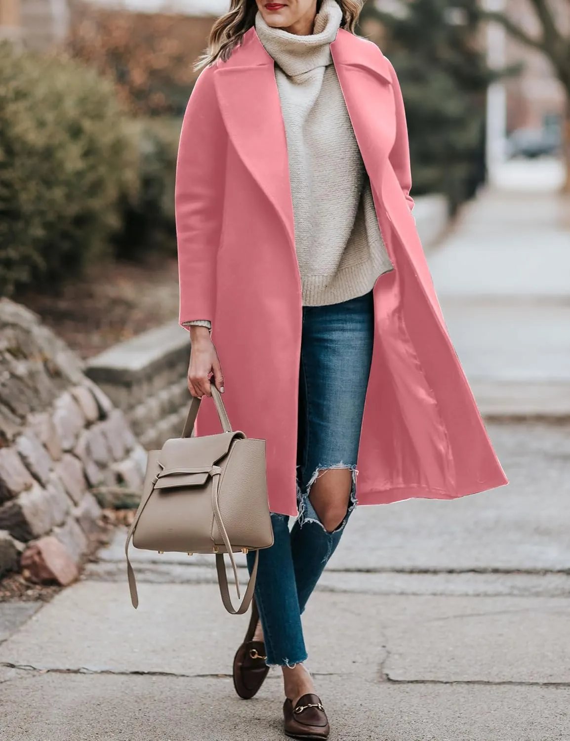 BZB Women's Long Wool Blend Pea Coat Winter Casual Overcoat Notched Lapel Collar Trench Coat Belted Long Jacket Outerwear
