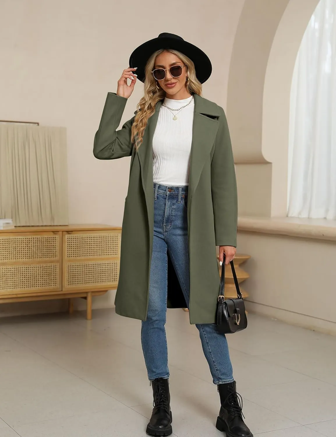 BZB Women's Long Wool Blend Pea Coat Winter Casual Overcoat Notched Lapel Collar Trench Coat Belted Long Jacket Outerwear