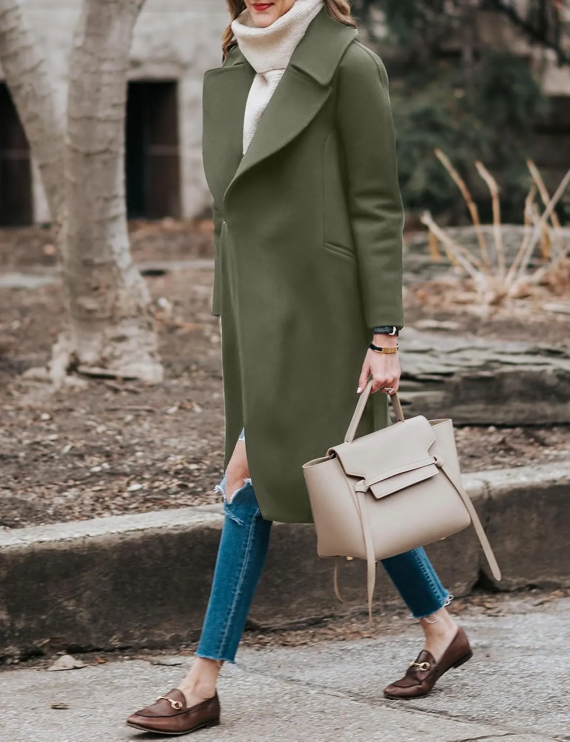 BZB Women's Long Wool Blend Pea Coat Winter Casual Overcoat Notched Lapel Collar Trench Coat Belted Long Jacket Outerwear