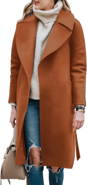 BZB Women's Long Wool Blend Pea Coat Winter Casual Overcoat Notched Lapel Collar Trench Coat Belted Long Jacket Outerwear