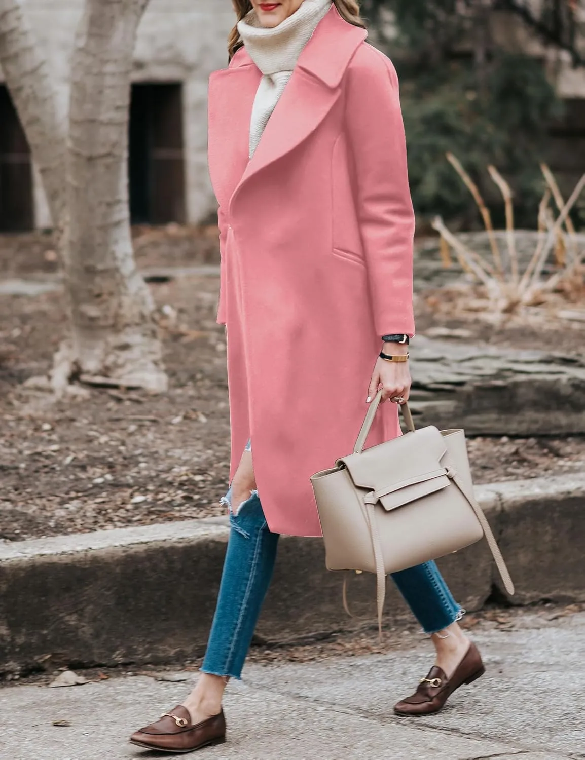 BZB Women's Long Wool Blend Pea Coat Winter Casual Overcoat Notched Lapel Collar Trench Coat Belted Long Jacket Outerwear
