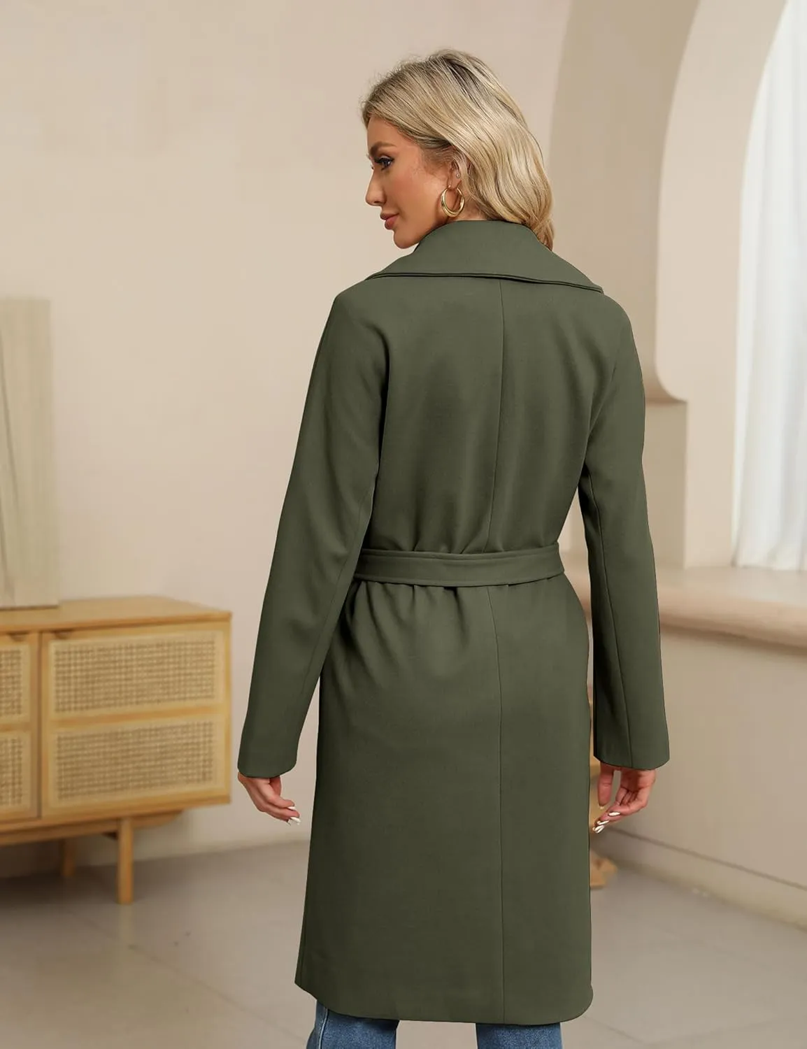 BZB Women's Long Wool Blend Pea Coat Winter Casual Overcoat Notched Lapel Collar Trench Coat Belted Long Jacket Outerwear