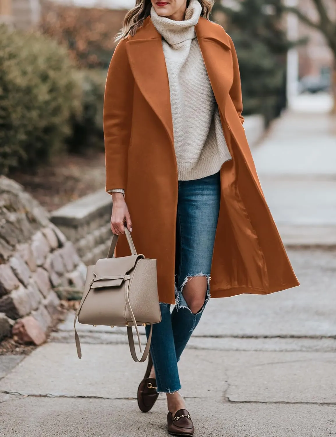 BZB Women's Long Wool Blend Pea Coat Winter Casual Overcoat Notched Lapel Collar Trench Coat Belted Long Jacket Outerwear