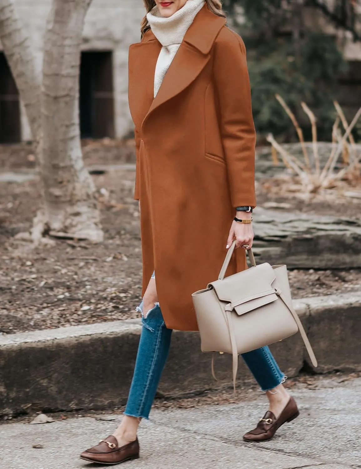 BZB Women's Long Wool Blend Pea Coat Winter Casual Overcoat Notched Lapel Collar Trench Coat Belted Long Jacket Outerwear