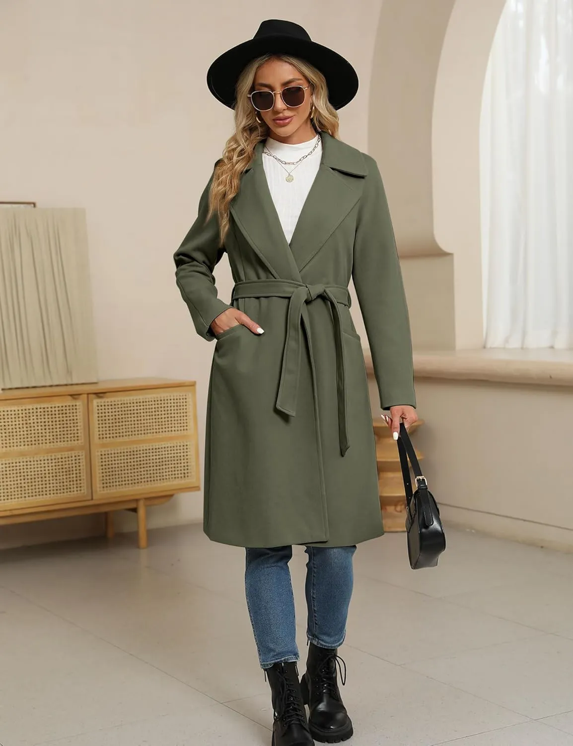 BZB Women's Long Wool Blend Pea Coat Winter Casual Overcoat Notched Lapel Collar Trench Coat Belted Long Jacket Outerwear