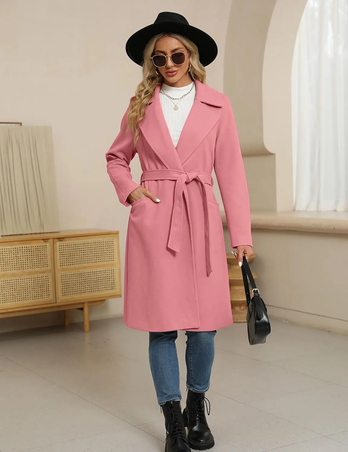 BZB Women's Long Wool Blend Pea Coat Winter Casual Overcoat Notched Lapel Collar Trench Coat Belted Long Jacket Outerwear