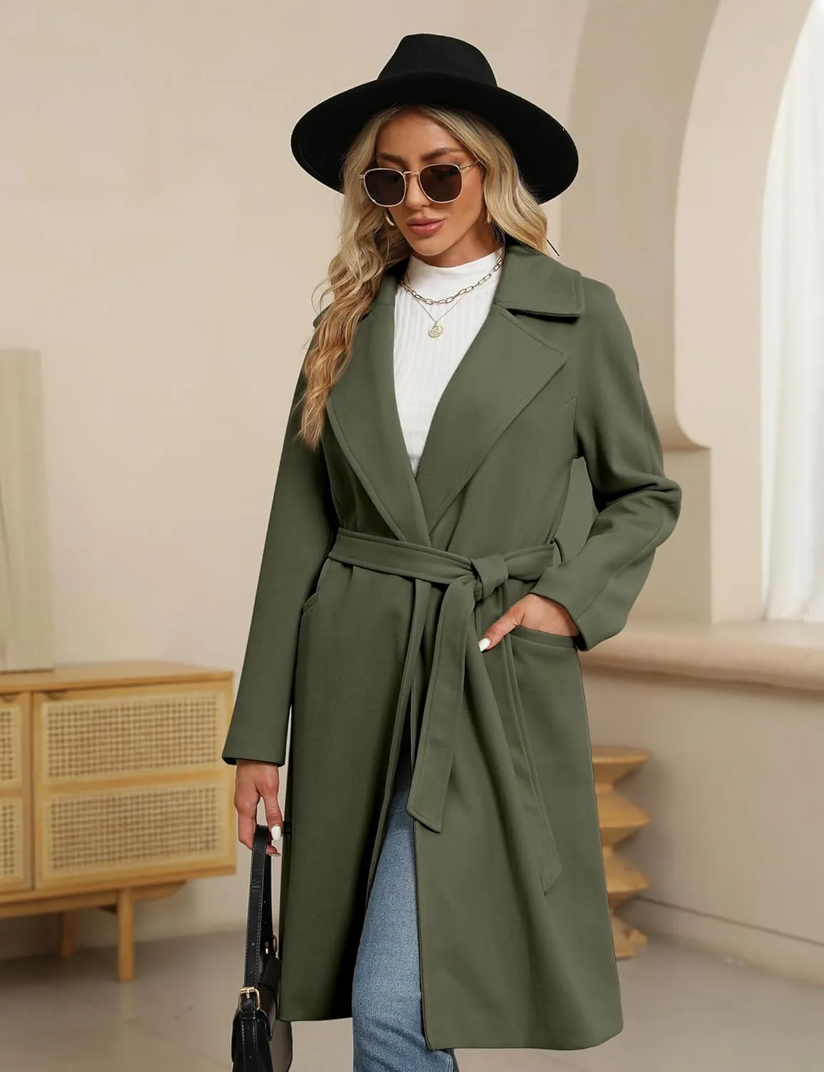 BZB Women's Long Wool Blend Pea Coat Winter Casual Overcoat Notched Lapel Collar Trench Coat Belted Long Jacket Outerwear