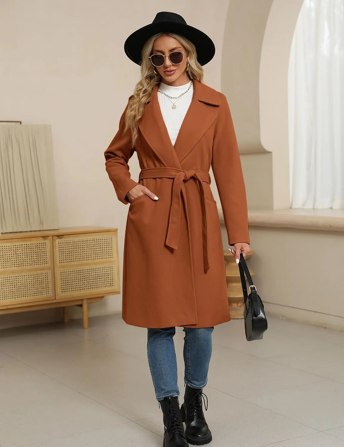 BZB Women's Long Wool Blend Pea Coat Winter Casual Overcoat Notched Lapel Collar Trench Coat Belted Long Jacket Outerwear