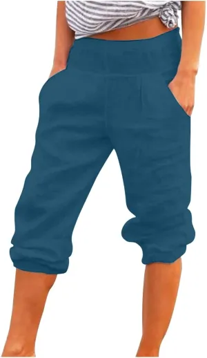 BZGTZT Linen Pants for Women High Waisted Wide Leg Capris Summer Casual Elastic High Waist Cropped Trousers with Pockets