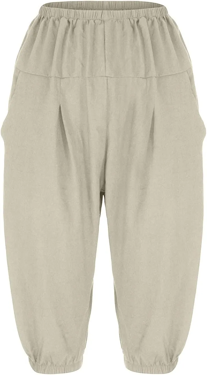 BZGTZT Linen Pants for Women High Waisted Wide Leg Capris Summer Casual Elastic High Waist Cropped Trousers with Pockets