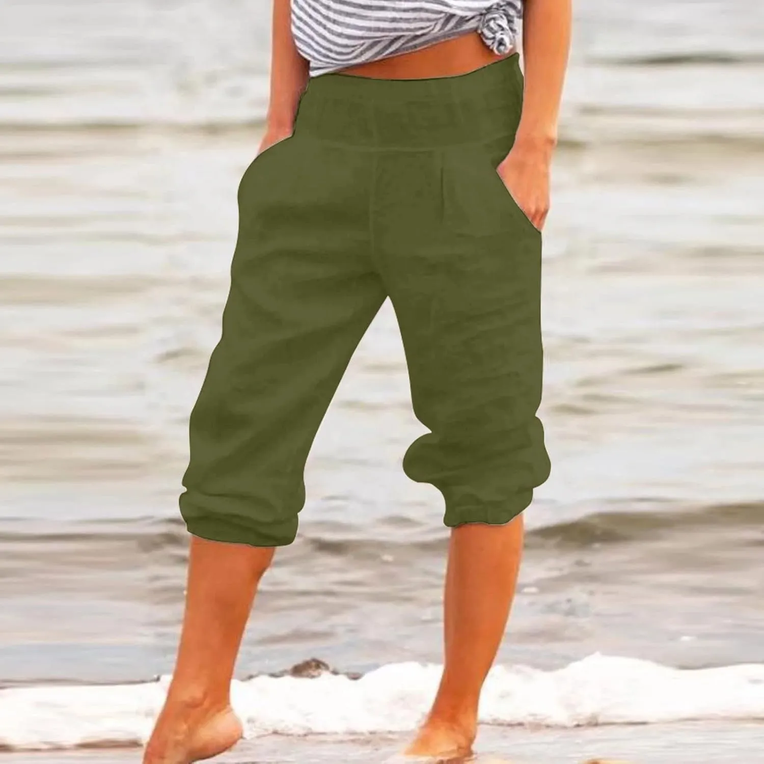 BZGTZT Linen Pants for Women High Waisted Wide Leg Capris Summer Casual Elastic High Waist Cropped Trousers with Pockets