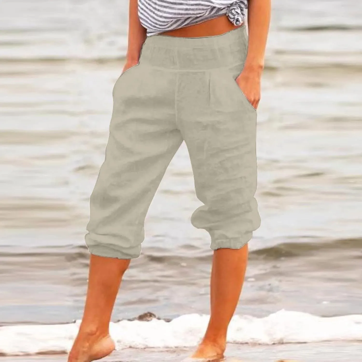 BZGTZT Linen Pants for Women High Waisted Wide Leg Capris Summer Casual Elastic High Waist Cropped Trousers with Pockets