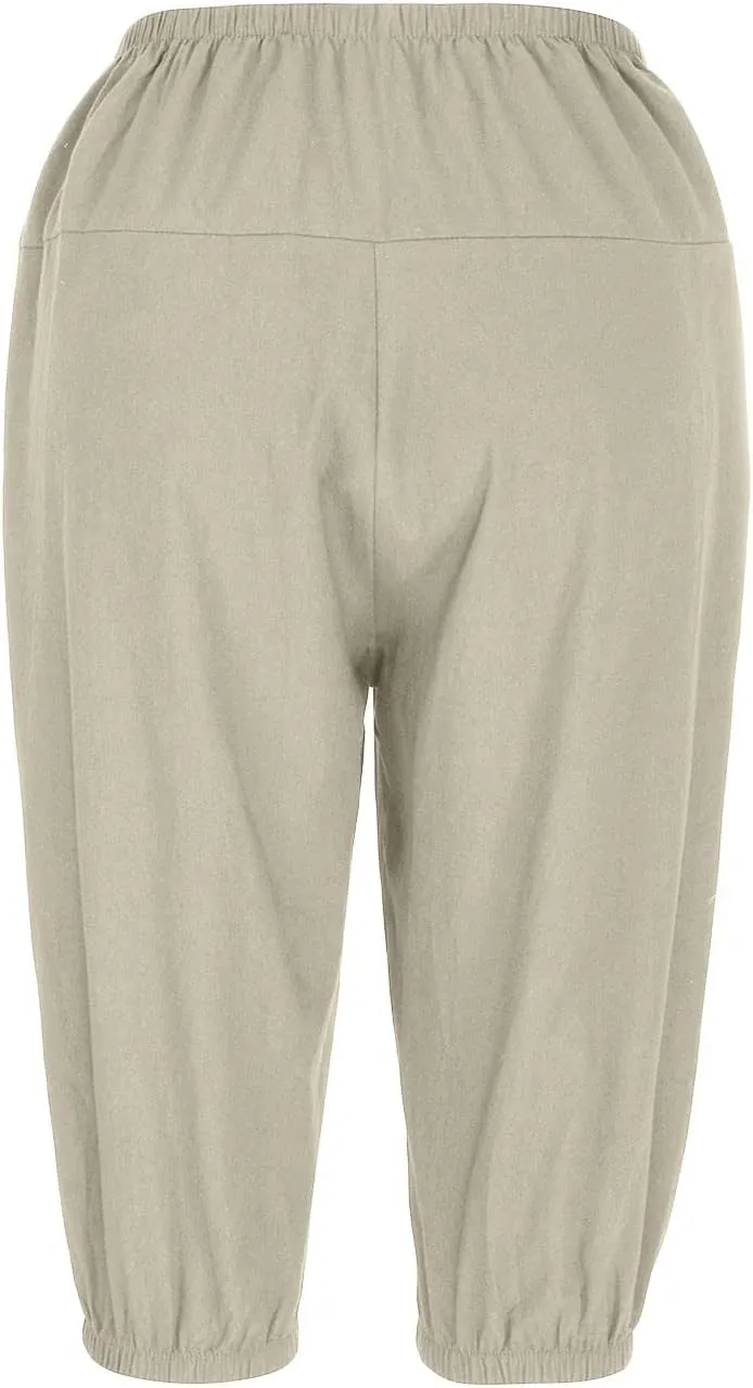 BZGTZT Linen Pants for Women High Waisted Wide Leg Capris Summer Casual Elastic High Waist Cropped Trousers with Pockets