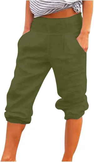 BZGTZT Linen Pants for Women High Waisted Wide Leg Capris Summer Casual Elastic High Waist Cropped Trousers with Pockets