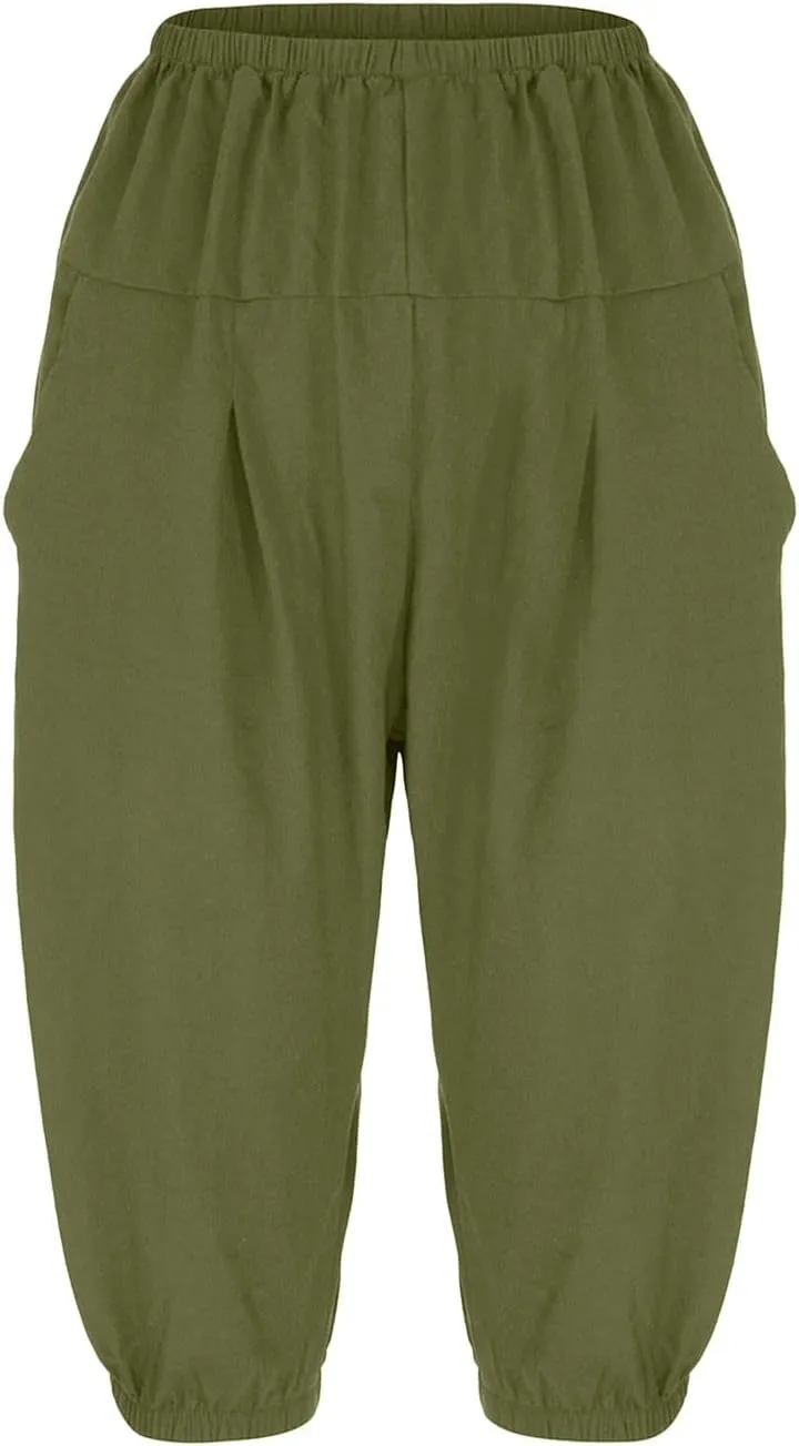 BZGTZT Linen Pants for Women High Waisted Wide Leg Capris Summer Casual Elastic High Waist Cropped Trousers with Pockets