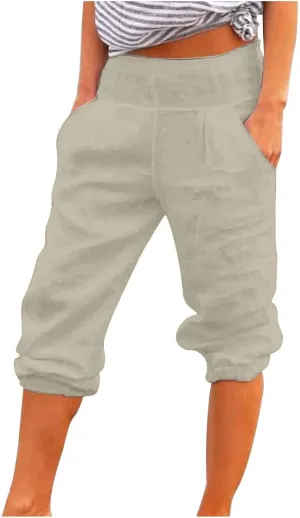 BZGTZT Linen Pants for Women High Waisted Wide Leg Capris Summer Casual Elastic High Waist Cropped Trousers with Pockets