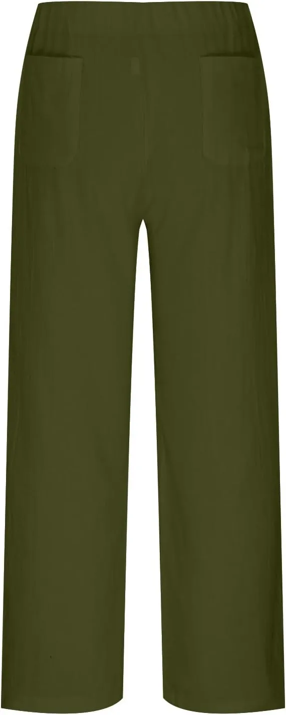 BZGTZT Plus Size Linen Pants for Women Summer Straight Wide Leg Pants Elastic High Waist Trousers Casual Comfy Palazzo Pants