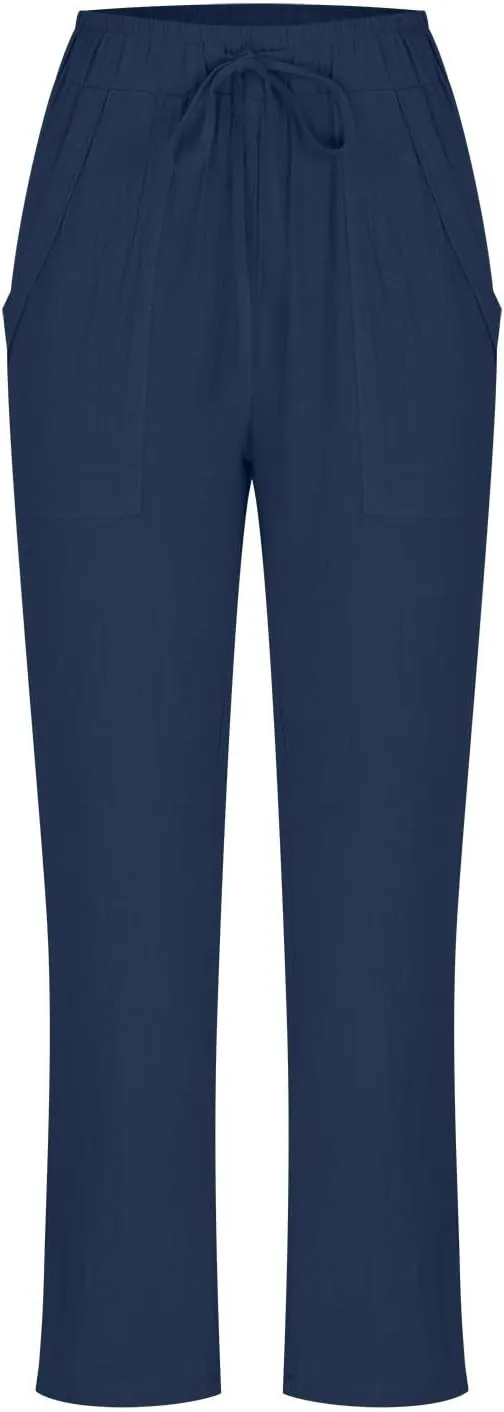 BZGTZT Wide Leg Linen Pants for Women Plus Size Elastic Waist Casual Summer Pants Loose Fit Beach Pants Comfy Cotton Trouser