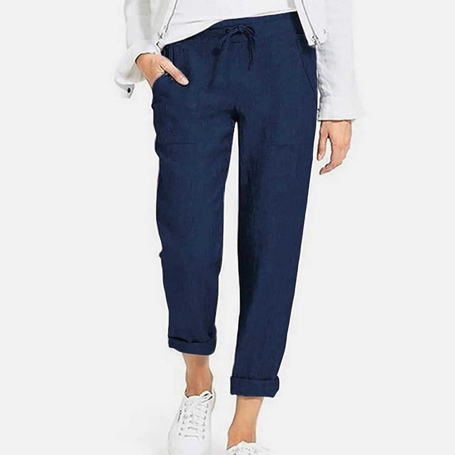 BZGTZT Wide Leg Linen Pants for Women Plus Size Elastic Waist Casual Summer Pants Loose Fit Beach Pants Comfy Cotton Trouser