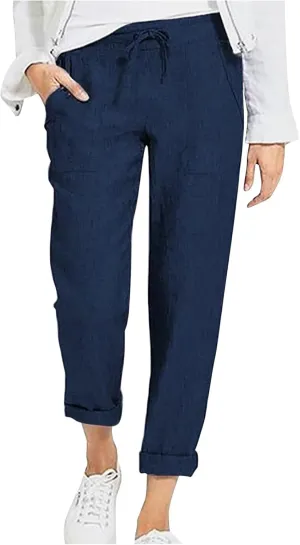 BZGTZT Wide Leg Linen Pants for Women Plus Size Elastic Waist Casual Summer Pants Loose Fit Beach Pants Comfy Cotton Trouser