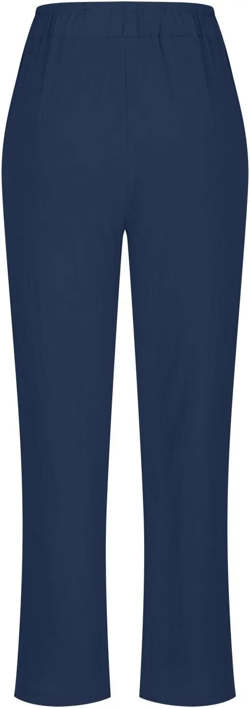BZGTZT Wide Leg Linen Pants for Women Plus Size Elastic Waist Casual Summer Pants Loose Fit Beach Pants Comfy Cotton Trouser