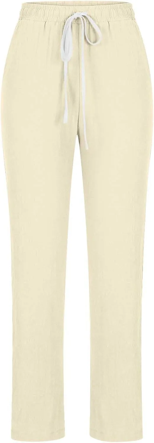 BZGTZT Women Summer Linen Pants Casual Loose Drawstring Elastic High Waist Comfy Trousers Straight Leg Long Pant with Pocket