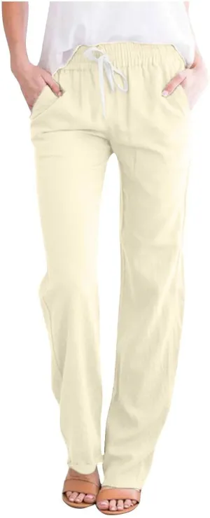 BZGTZT Women Summer Linen Pants Casual Loose Drawstring Elastic High Waist Comfy Trousers Straight Leg Long Pant with Pocket
