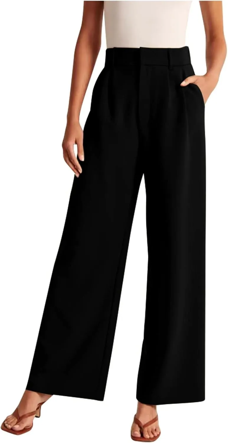 BZGTZT Women's Plus Size Suit Pant Wide Leg Pants Elastic High Waist Lightweight Business Trousers Long Straight Dress Pants