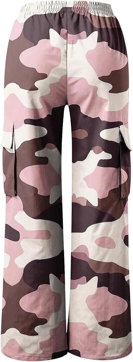 Camo Cargo Pants for Women Casual Drawstring High Waist Parachute Pants Baggy Wide Leg Hiking Pants with Pockets