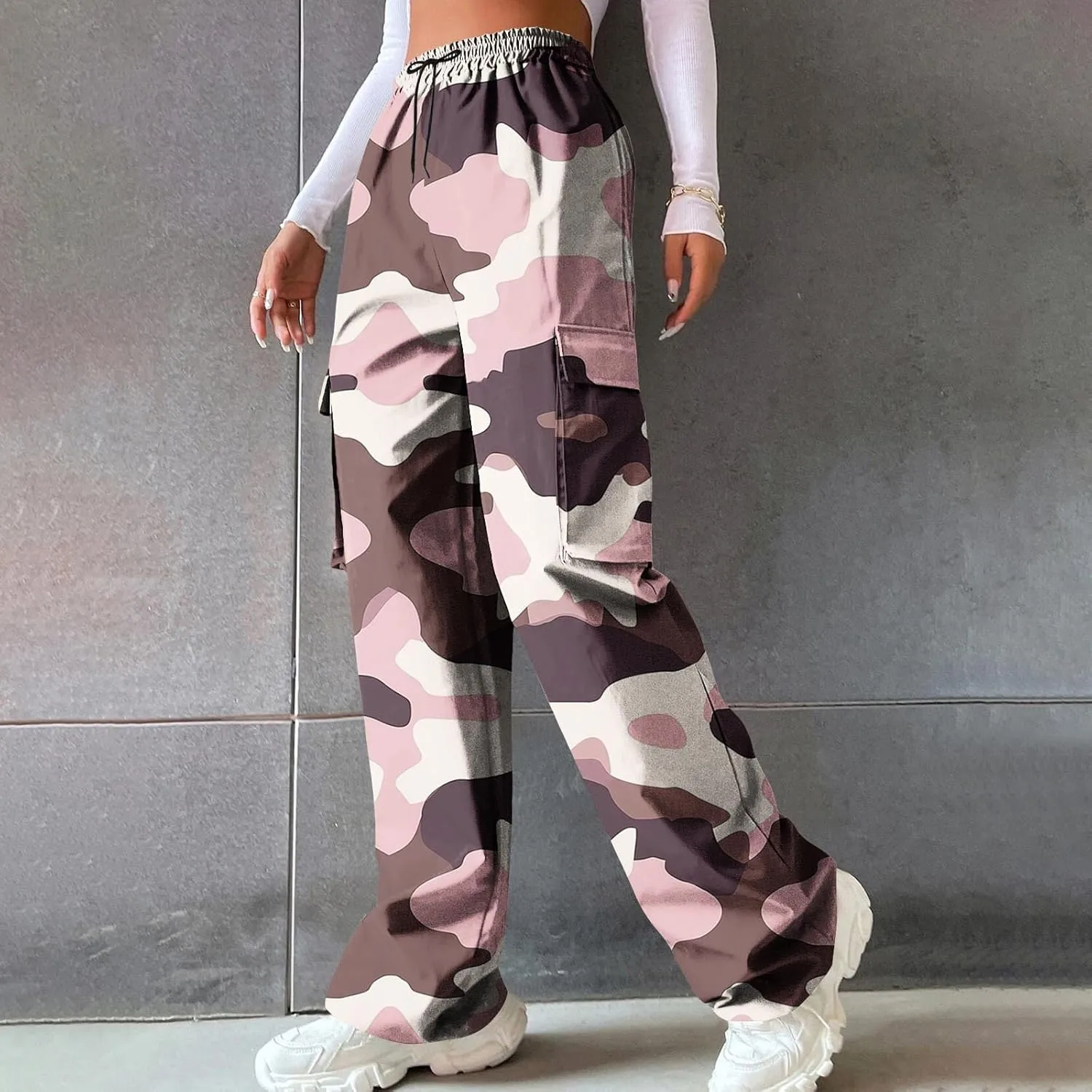 Camo Cargo Pants for Women Casual Drawstring High Waist Parachute Pants Baggy Wide Leg Hiking Pants with Pockets