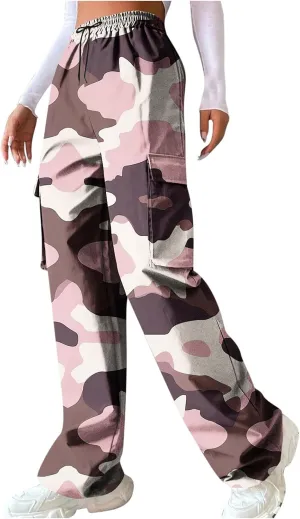 Camo Cargo Pants for Women Casual Drawstring High Waist Parachute Pants Baggy Wide Leg Hiking Pants with Pockets