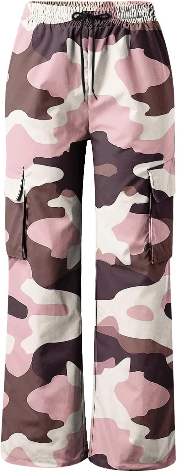 Camo Cargo Pants for Women Casual Drawstring High Waist Parachute Pants Baggy Wide Leg Hiking Pants with Pockets