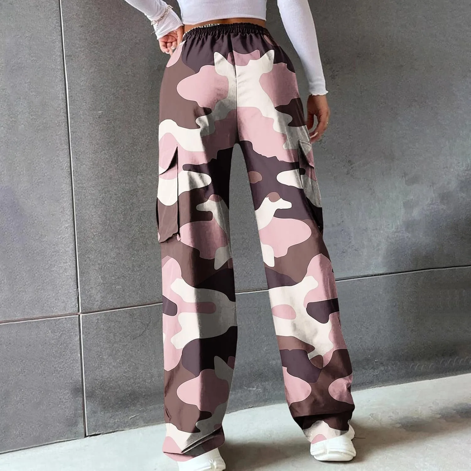 Camo Cargo Pants for Women Casual Drawstring High Waist Parachute Pants Baggy Wide Leg Hiking Pants with Pockets